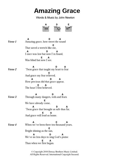 Amazing Grace Guitar Tabs and Chords in the Key of G.